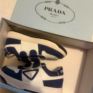 Prada White and Navy Leather Velcro Sneakers